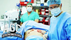 Gynecomastia male breast reduction surgery being performed by two doctors